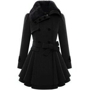 Women's Fashion Faux Fur Lapel Double-Breasted Thick Wool Trench Coat Winter